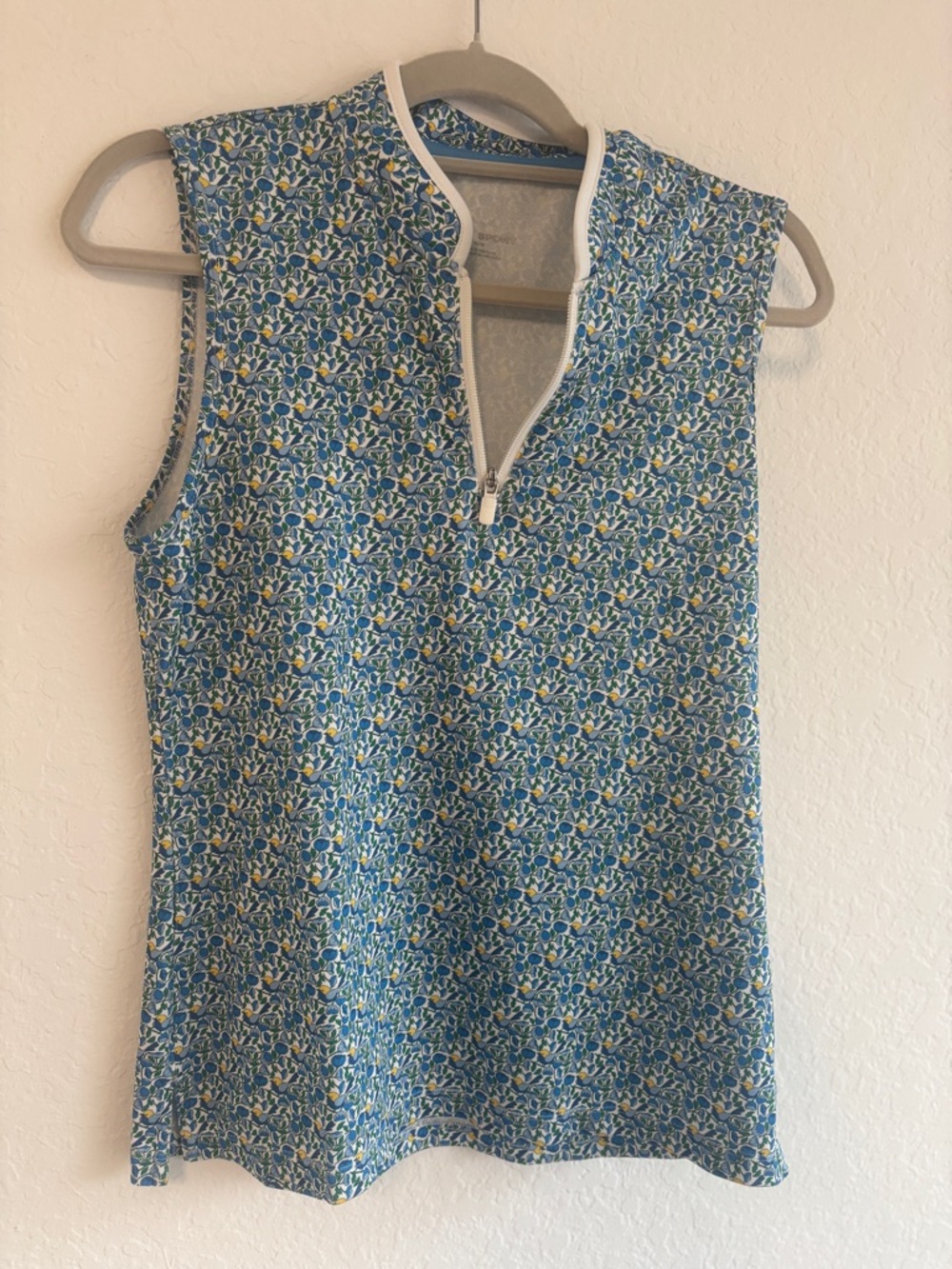 Tory Burch Sport Sleeveless Golf Polo Blue Bird & Yellow Floral Print Size M